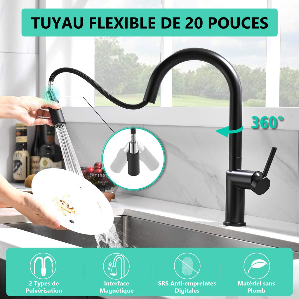Robinet de Cuisine Lonheo avec Douchette Extractible Noir Mat Rotatif Robinet de Cuisine Lonheo avec Douchette Extractible Noir Mat Rotatif