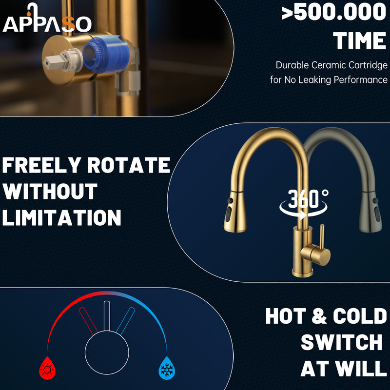 APPASO Gold Kitchen Faucet with Soap Dispenser, Brushed Gold Kitchen Sink Faucet with Pull Down Sprayer, Modern High Arch Single Handle Sink Faucet for Kitchen