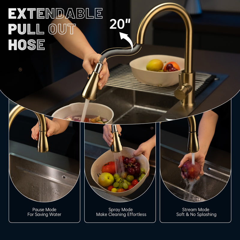 APPASO Gold Kitchen Faucet with Soap Dispenser, Brushed Gold Kitchen Sink Faucet with Pull Down Sprayer, Modern High Arch Single Handle Sink Faucet for Kitchen
