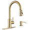 APPASO Gold Kitchen Faucet with Soap Dispenser, Brushed Gold Kitchen Sink Faucet with Pull Down Sprayer, Modern High Arch Single Handle Sink Faucet for Kitchen