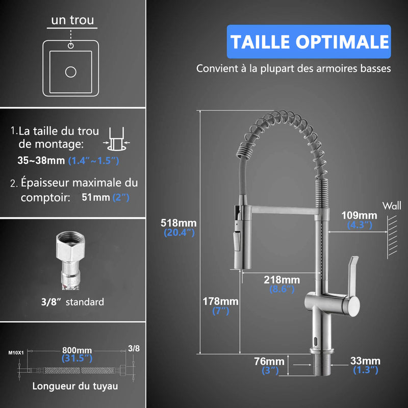 APPASO Robinet de Cuisine Extractif à Ressort Mitigeur d'Évier Pivotant à 360° en Inox Alliage de Zinc Argent