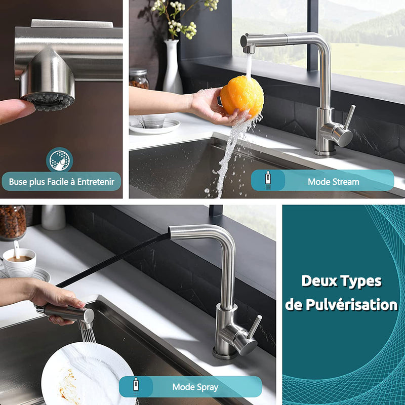 Robinet de Cuisine, Mitigeur Cuisine Rotatif à 360°avec Douchette  Extensible, 2 Modes de Pulvérisation Robinet d'Évier en Acier Inoxydable  (Argent)
