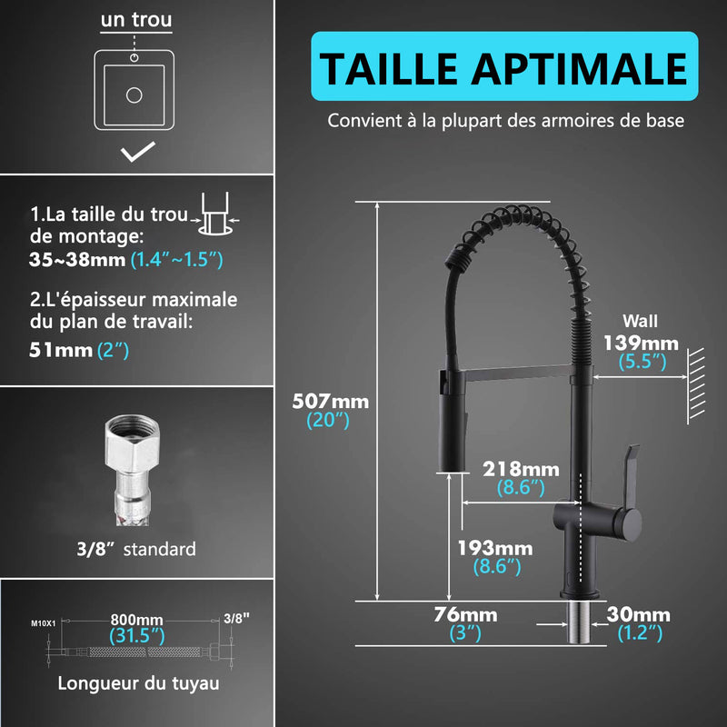 APPASO Robinet de Cuisine Extractif Mitigeur d'Évier à Ressort en Laiton Massif sans Contact Noir Mat