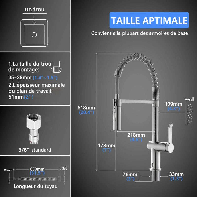 APPASO Robinet de Cuisine Extractif à Ressort Mitigeur d'Évier Rotatif 2 Jets en Alliage de Zinc Argent