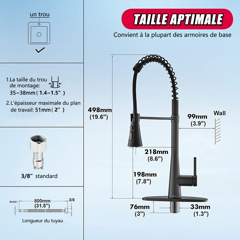 APPASO Robinet de Cuisine Bec Haut Pivotant Mitigeur d'Évier Extractif à Ressort Chromé Noir mat