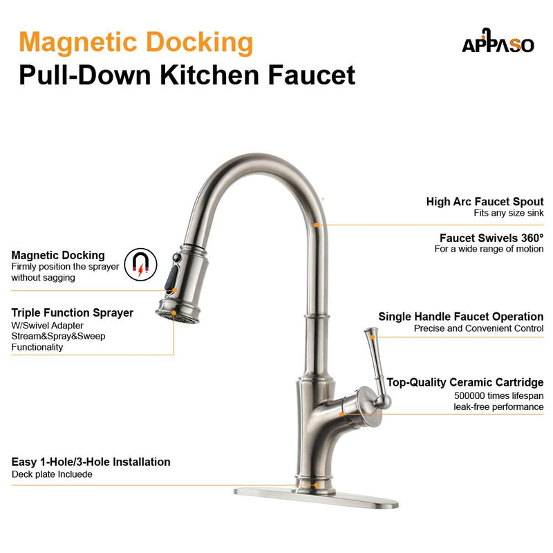 APPASO 192BN Kitchen Faucet Brushed Nickel with 3-Mode Magnetic Docking Sprayer and Brush