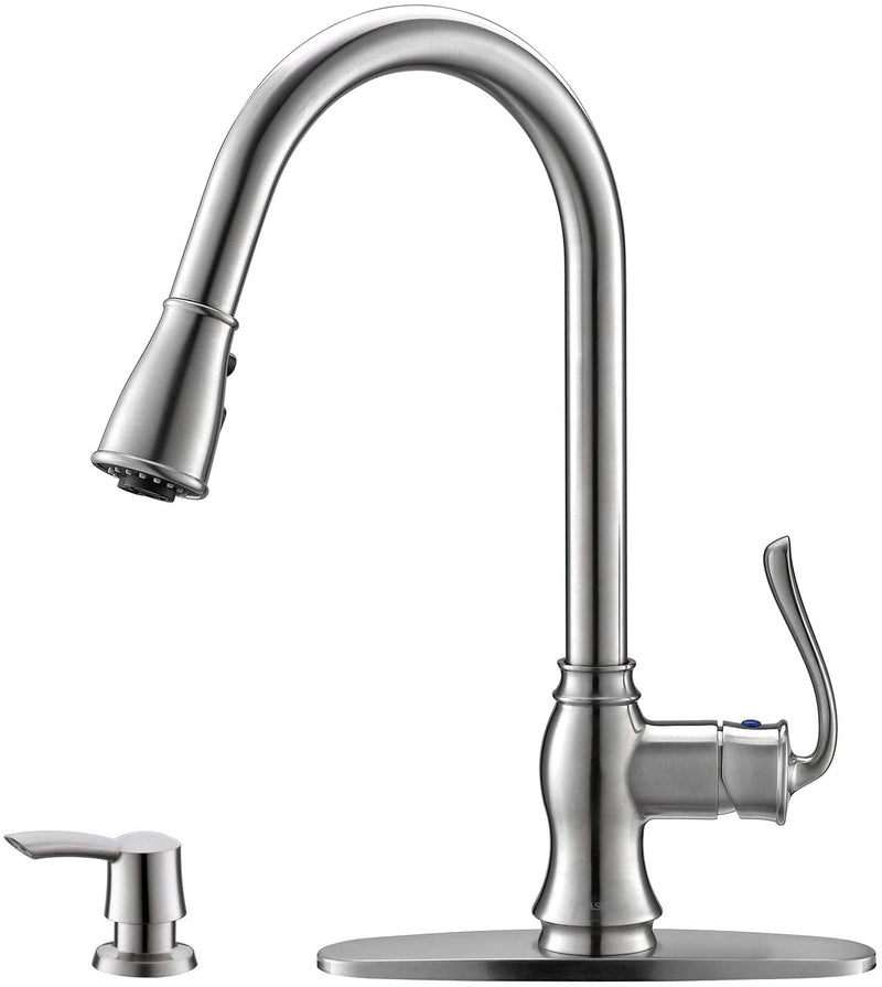 APPASO 198BN Swan-Neck Kitchen Faucet Brushed Nickel Single Handle with Soap Dispenser