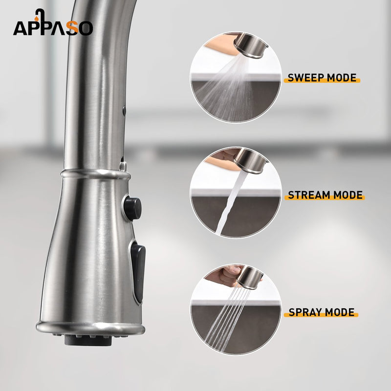 APPASO 198BN Swan-Neck Kitchen Faucet Brushed Nickel Single Handle with Soap Dispenser