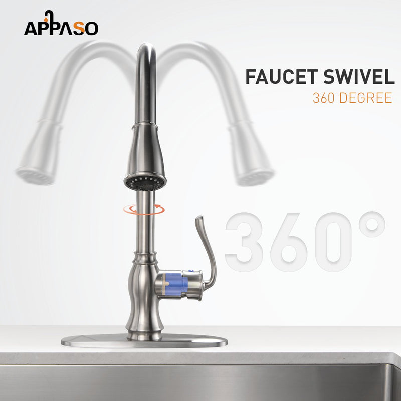 APPASO 198BN Swan-Neck Kitchen Faucet Brushed Nickel Single Handle with Soap Dispenser