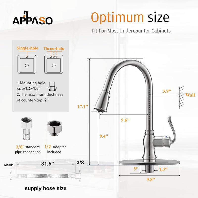 APPASO 198BN Swan-Neck Kitchen Faucet Brushed Nickel Single Handle with Soap Dispenser