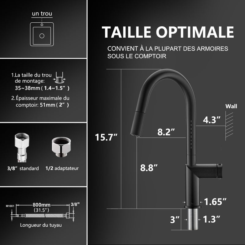 Robinet Mitigeur Evier APPASO Bec Haut Robinet de Cuisine Moderne avec Douchette 2 Jets Noir Mat