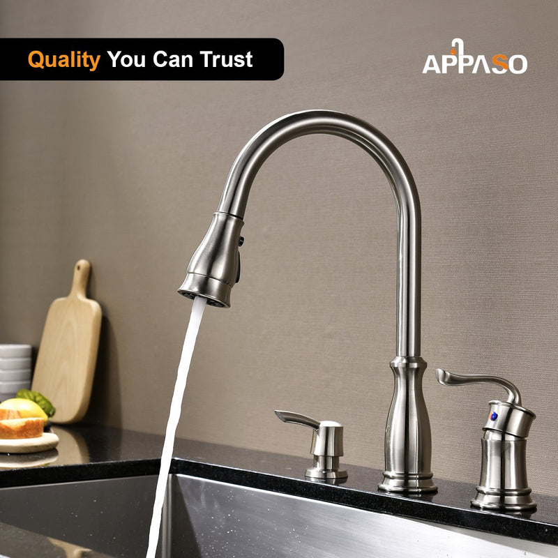 APPASO 218BN 3 Hole Kitchen Faucet Brushed Nickel Magnetic Docking with Side Single Handle