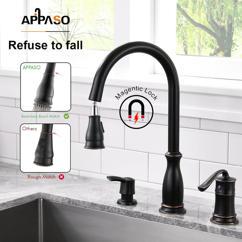 APPASO 218ORB 3 Hole Kitchen Faucet Oil Rubbed Bronze Antique Bronze 3 Pieces Magnetic Docking