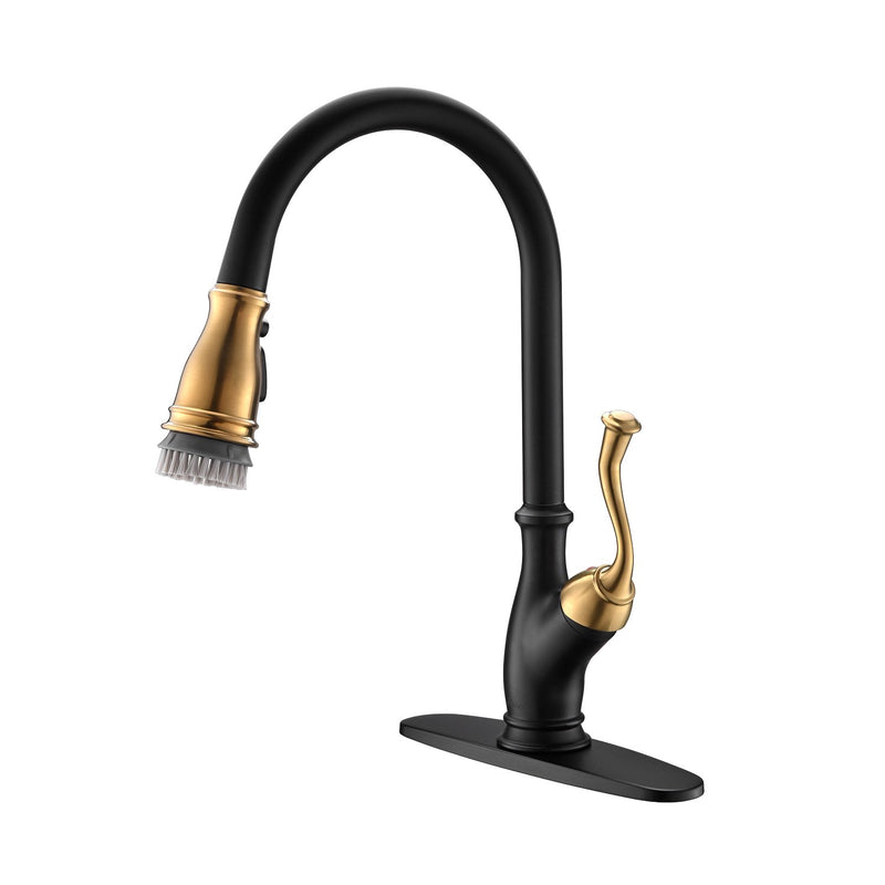 APPASO 225BBNG High Arc Kitchen Faucet Black & Gold Magnetic Docking Single Handle with Brush