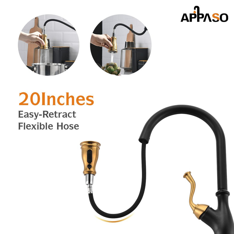 APPASO 225BBNG High Arc Kitchen Faucet Black & Gold Magnetic Docking Single Handle with Brush