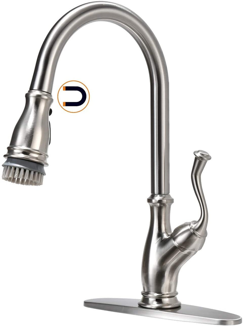 APPASO 225BN Single Handle Pull Down Kitchen Faucet Brushed Nickel Antique Magnetic Docking High Arc
