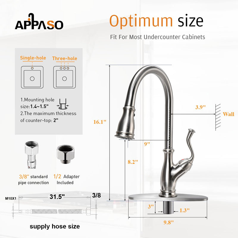APPASO 225BN Single Handle Pull Down Kitchen Faucet Brushed Nickel Antique Magnetic Docking High Arc