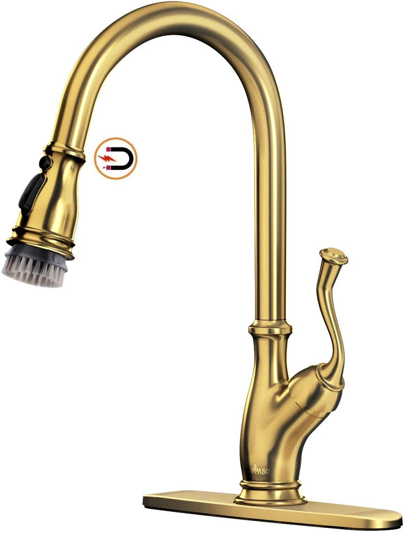 APPASO 225BTG Solid Brass Kitchen Faucet Gold High Arc with Magnetic Docking Sprayer and Brush