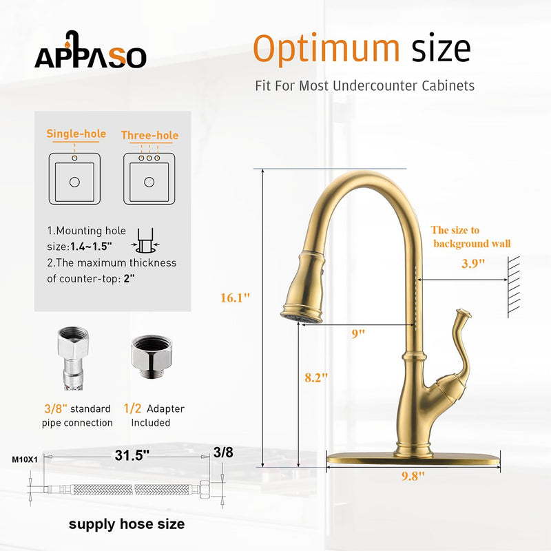 APPASO 225BTG Solid Brass Kitchen Faucet Gold High Arc with Magnetic Docking Sprayer and Brush