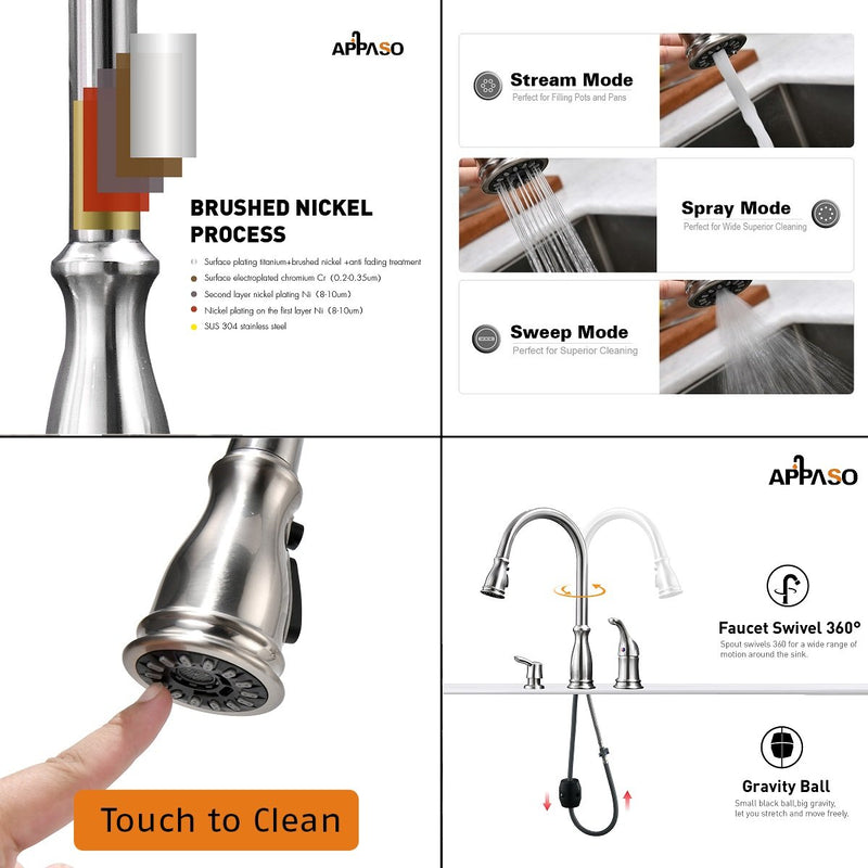 APPASO 229BN 3 Hole Pull Down Kitchen Faucet Brushed Nickel Magnetic Docking with Soap Dispenser