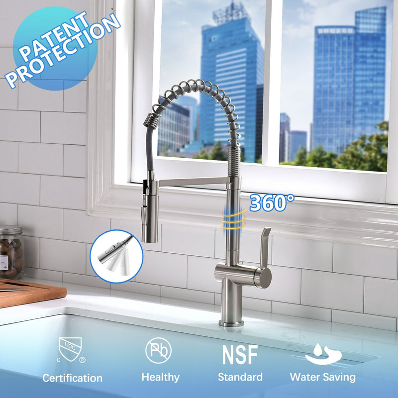 APPASO 238BN Modern Spring Kitchen Faucet Brushed Nickel Low Lead Solid Brass with Pull Down Sprayer