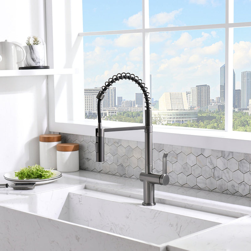APPASO 238BS Commercial Spring Kitchen Faucet Gunmetal Black with Pull Down Sprayer and Deck Plate
