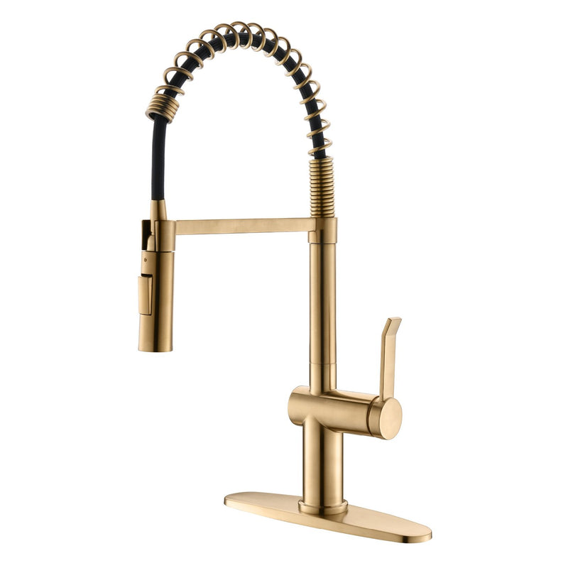 APPASO 238BTG Commercial Spring Kitchen Faucet Brushed Gold Solid Brass with Pull Down Sprayer