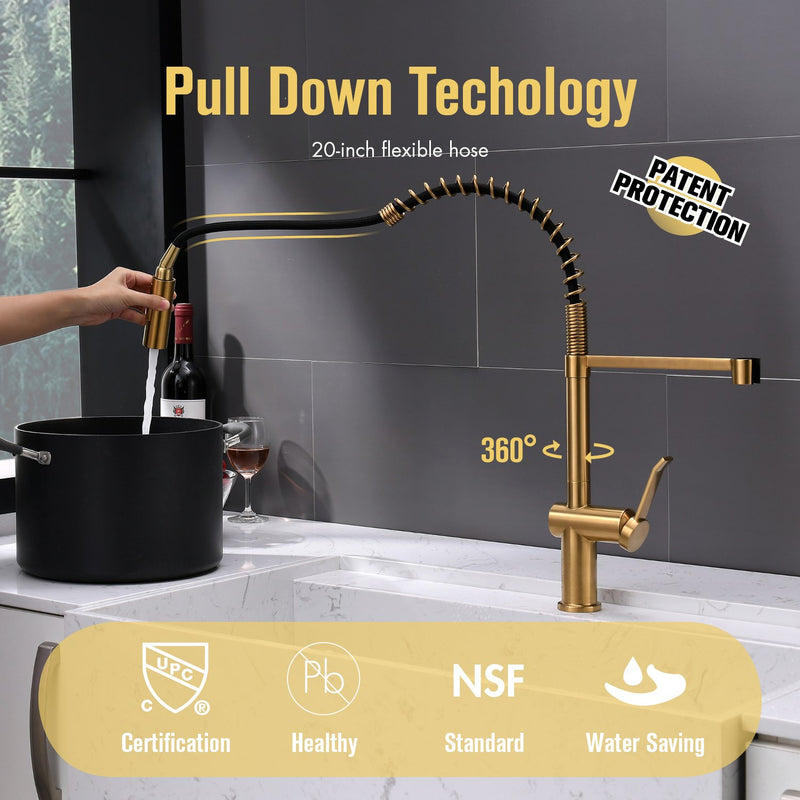 APPASO 238BTG Commercial Spring Kitchen Faucet Brushed Gold Solid Brass with Pull Down Sprayer