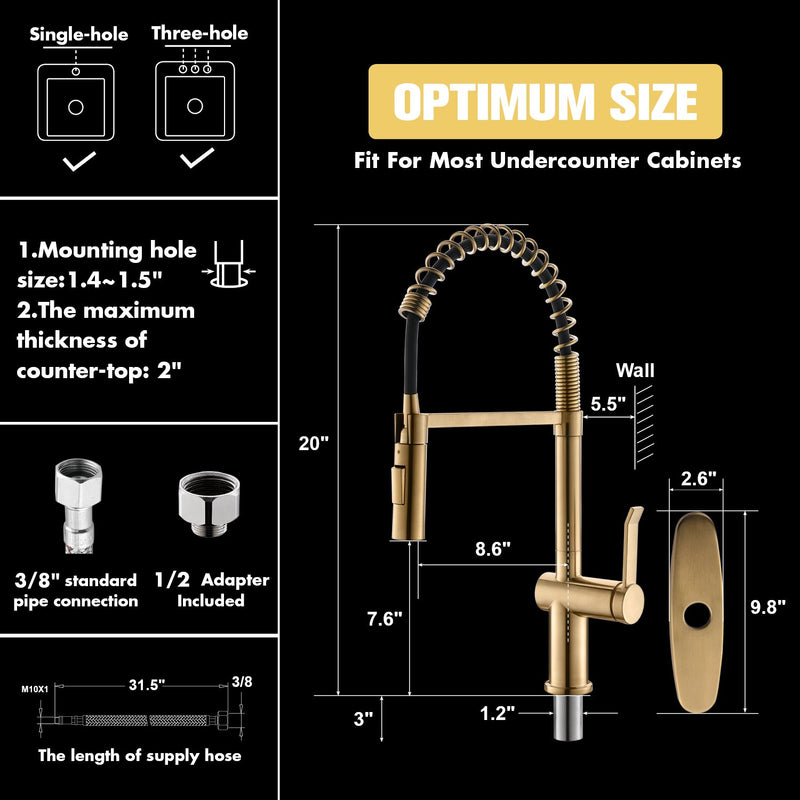 APPASO 238BTG Commercial Spring Kitchen Faucet Brushed Gold Solid Brass with Pull Down Sprayer
