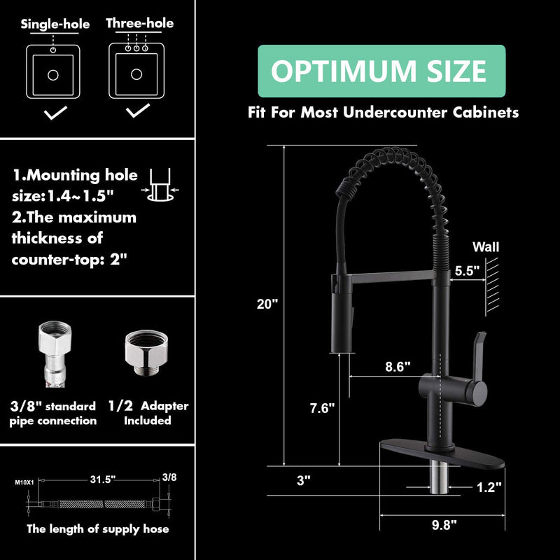 APPASO 238MB Modern Spring Kitchen Faucet Matte Black Low Lead Solid Brass with Pull Down Sprayer