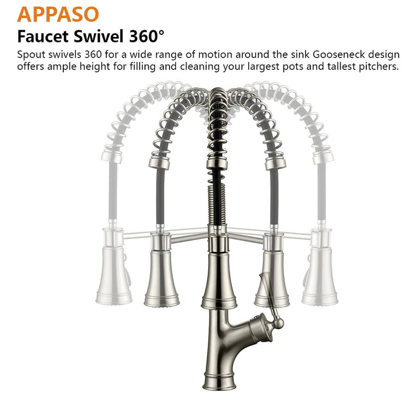 APPASO 138BN Commercial Spring Kitchen Faucet Stainless Steel Brushed Nickel with Pull Down Spray Head