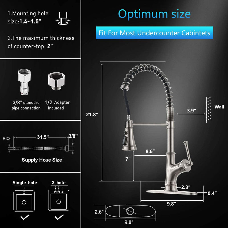 APPASO 138BN Commercial Spring Kitchen Faucet Stainless Steel Brushed Nickel with Pull Down Spray Head
