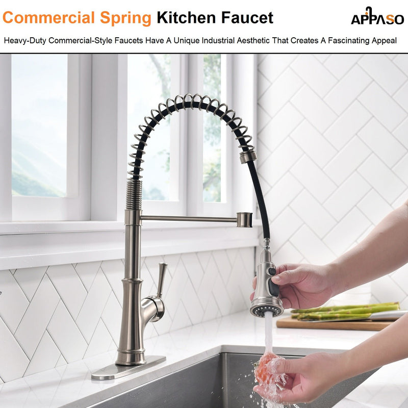 APPASO 138BN Commercial Spring Kitchen Faucet Stainless Steel Brushed Nickel with Pull Down Spray Head