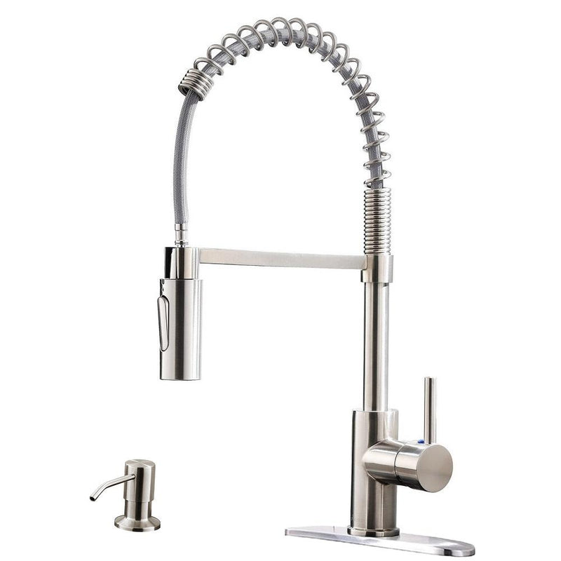 APPASO 163BN Modern Spring Commercial Pull Down Kitchen Faucet Brushed Nickel with Soap Dispenser