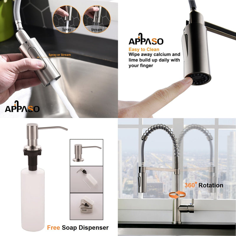 APPASO 163BN Modern Spring Commercial Pull Down Kitchen Faucet Brushed Nickel with Soap Dispenser