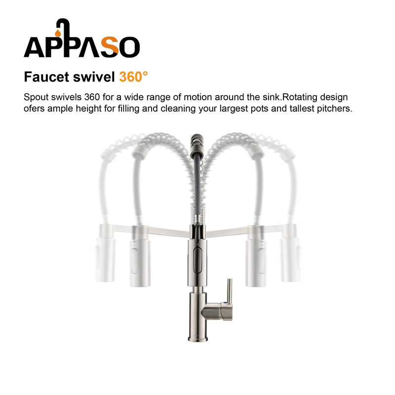 APPASO 163BN Modern Spring Commercial Pull Down Kitchen Faucet Brushed Nickel with Soap Dispenser