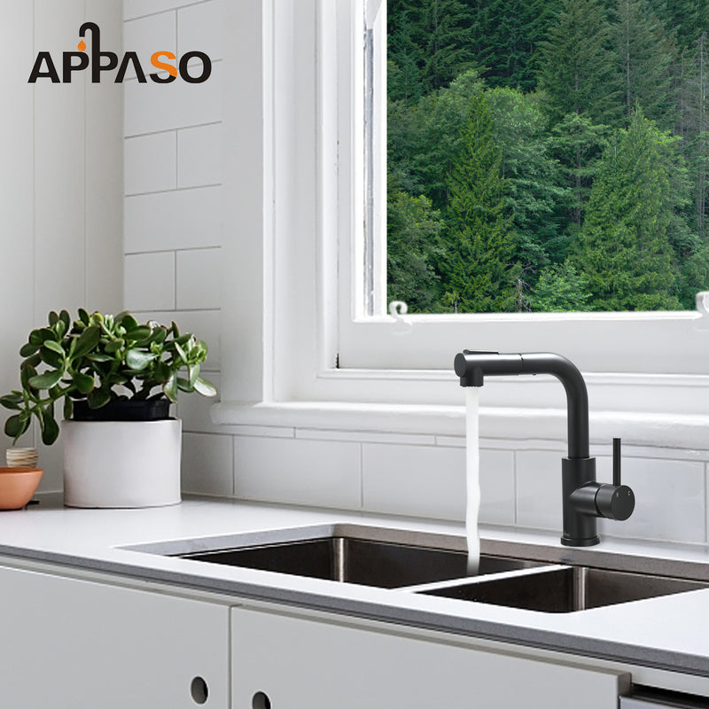 APPASO Black Bar Sink Faucet, Matte Black Kitchen Faucet with Pull-Out Sprayer, Modern Single Handle Bathroom Utility Faucet, Pull Down Spray Small Faucet for RV Camper Outdoor Restroom