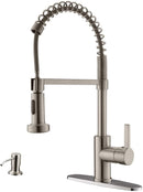 APPASO 105BN Modern Spring Kitchen Faucet Brushed Nickel High Arc Single Handle with Soap Dispenser