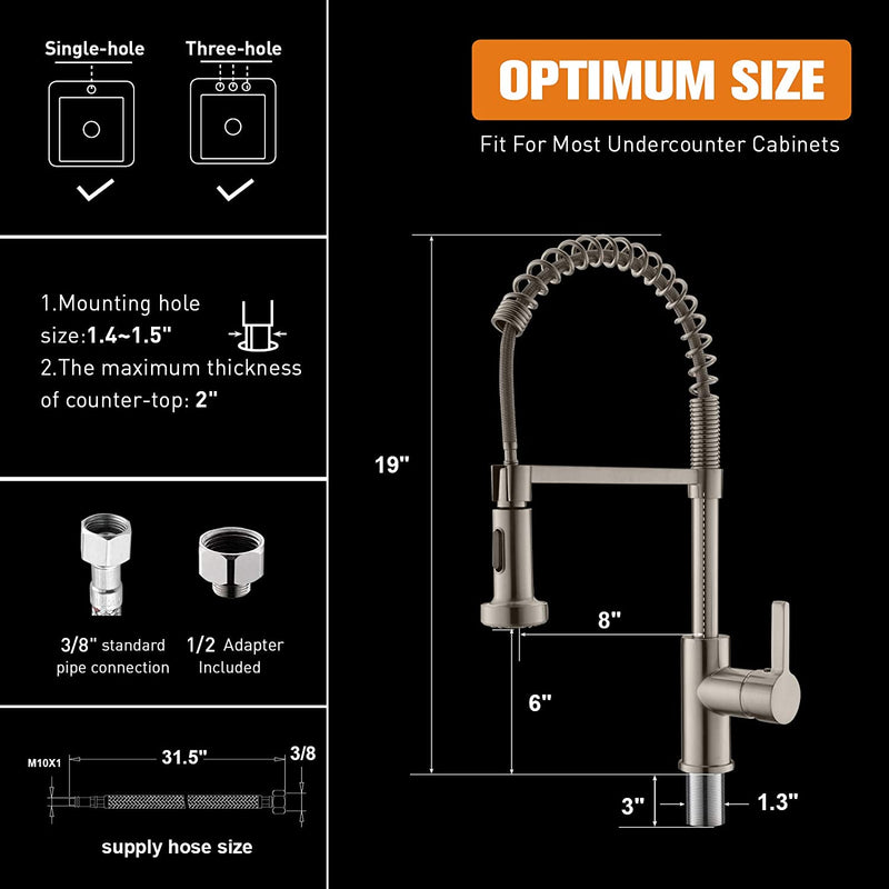 APPASO 105BN Modern Spring Kitchen Faucet Brushed Nickel High Arc Single Handle with Soap Dispenser