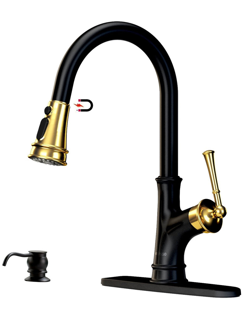 APPASO 133BBNG Pull Down Kitchen Faucet Black & Gold Magnetic Docking Sprayer with Soap Dispenser