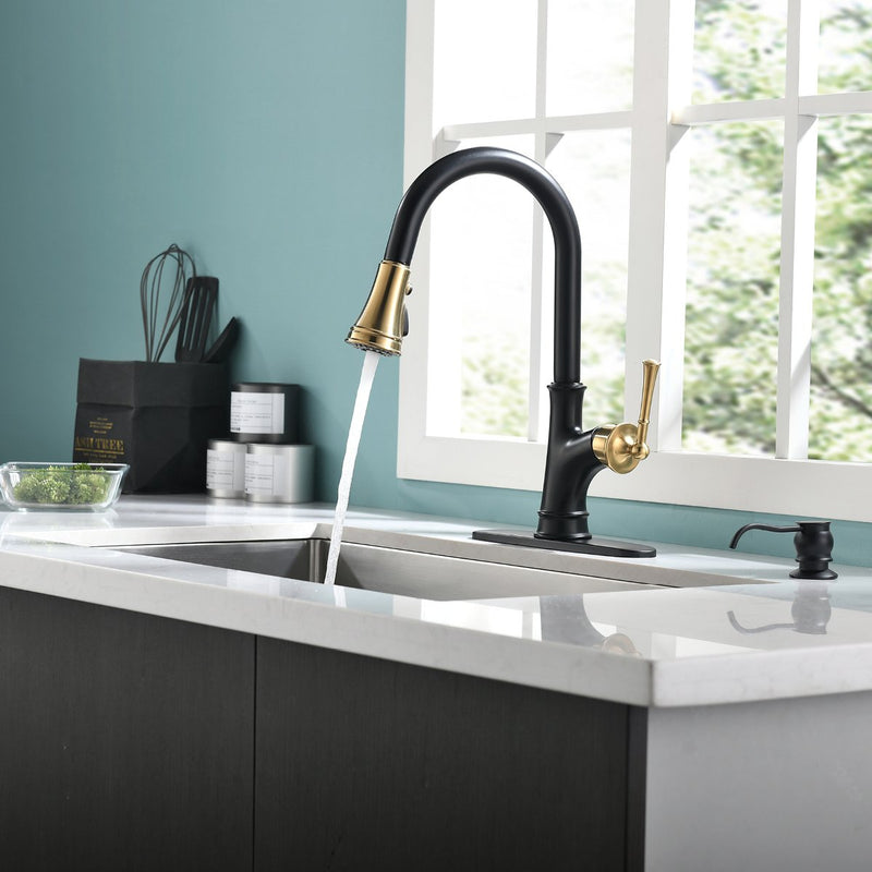 APPASO 133BBNG Pull Down Kitchen Faucet Black & Gold Magnetic Docking Sprayer with Soap Dispenser