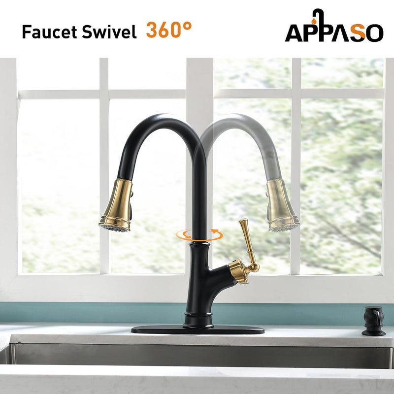 APPASO 133BBNG Pull Down Kitchen Faucet Black & Gold Magnetic Docking Sprayer with Soap Dispenser