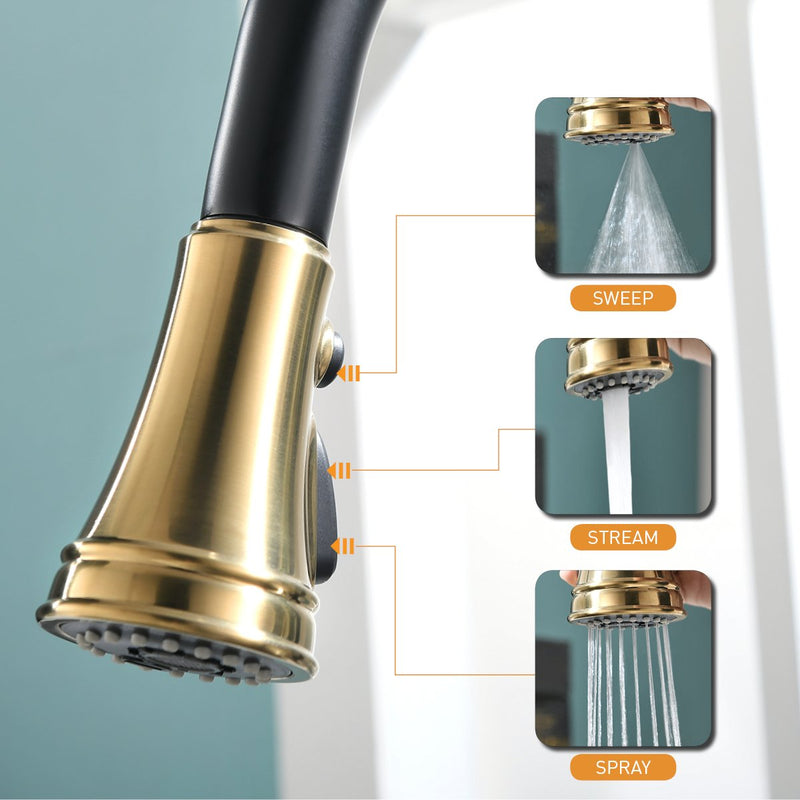 APPASO 133BBNG Pull Down Kitchen Faucet Black & Gold Magnetic Docking Sprayer with Soap Dispenser