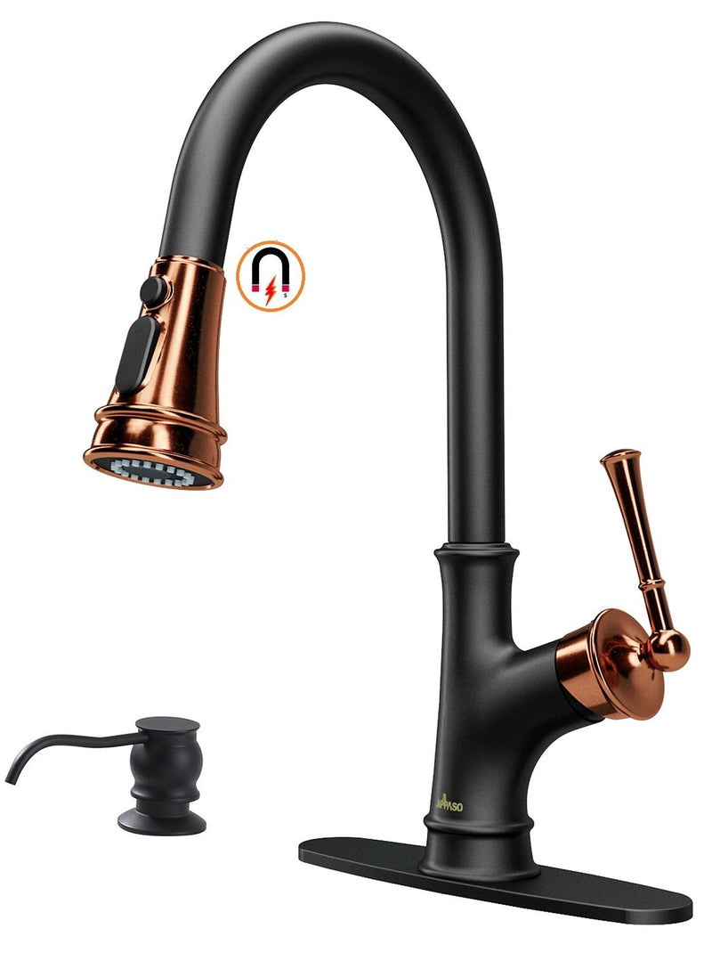 APPASO 133BRG Pull Down Kitchen Faucet Black & Rose Gold Magnetic Docking Sprayer with Soap Dispenser