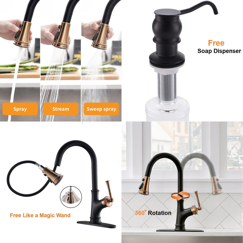 APPASO 133BRG Pull Down Kitchen Faucet Black & Rose Gold Magnetic Docking Sprayer with Soap Dispenser