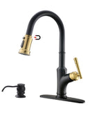 APPASO 135BBNG Pull Down Kitchen Faucet Black Gold with Magnetic Docking Sprayer and Soap Dispenser