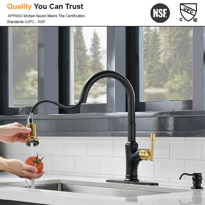 APPASO 135BBNG Pull Down Kitchen Faucet Black Gold with Magnetic Docking Sprayer and Soap Dispenser