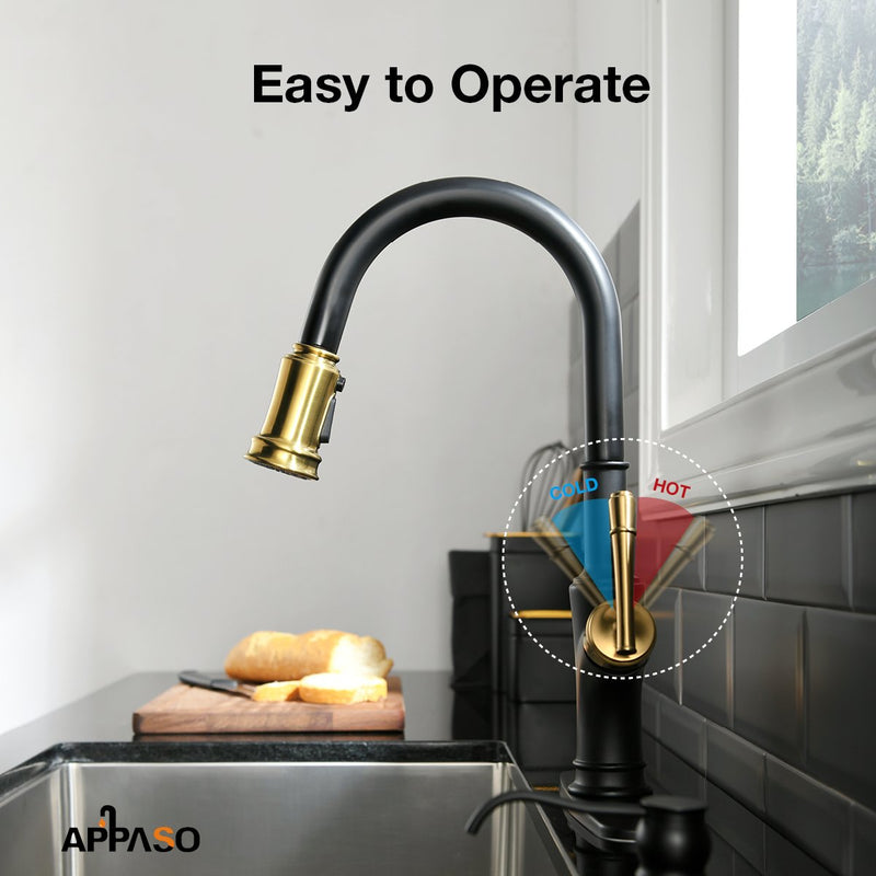 APPASO 135BBNG Pull Down Kitchen Faucet Black Gold with Magnetic Docking Sprayer and Soap Dispenser