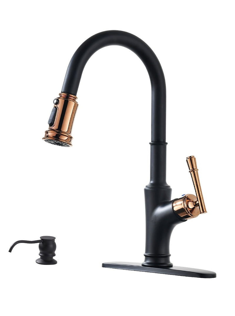 APPASO 135BRG Pull Down Kitchen Faucet Matte Black Rose Gold with Magnetic Docking Sprayer and Soap Dispenser