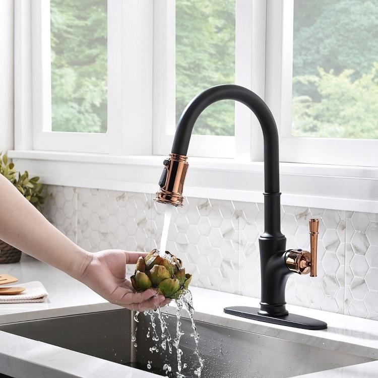 APPASO 135BRG Pull Down Kitchen Faucet Matte Black Rose Gold with Magnetic Docking Sprayer and Soap Dispenser